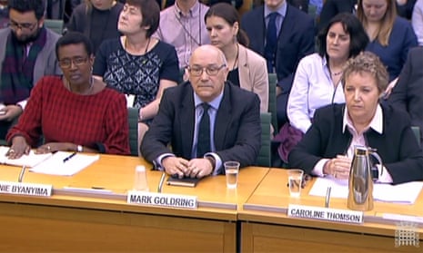 Winnie Byanyima, Mark Goldring and Caroline Thomson of Oxfam giving evidence before the international development select committee.
