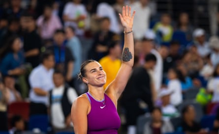Aryna Sabalenka celebrates after defeating Coco Gauff.