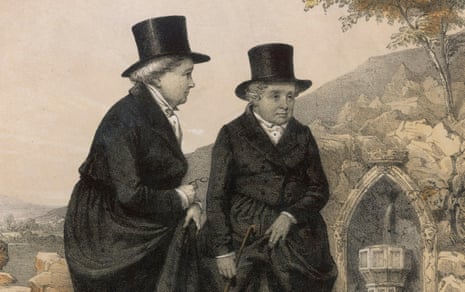 An engraving of Eleanor Butler and Sarah Ponsonby, in black silk top hats and voluminous black robes.