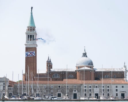 A ‘No Bezos’ banner on the bell tower of San Giorgio basilica