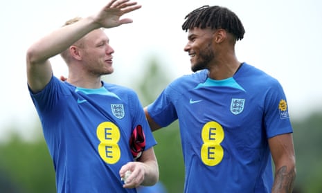 Aaron Ramsdale and Tyrone Mings (right) at England training