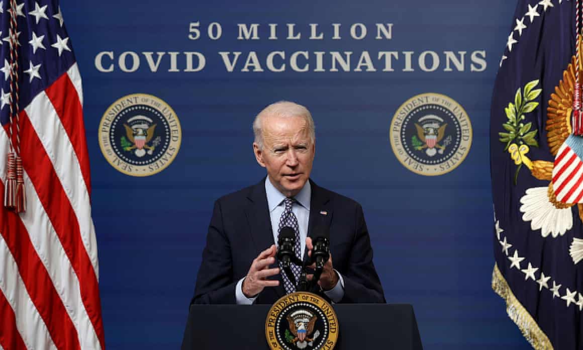 Joe Biden delivers remarks as he commemorates the 50 millionth coronavirus vaccination with a number of vaccine recipients in the South Court Auditorium at the White House in Washington, 25 February 2021.