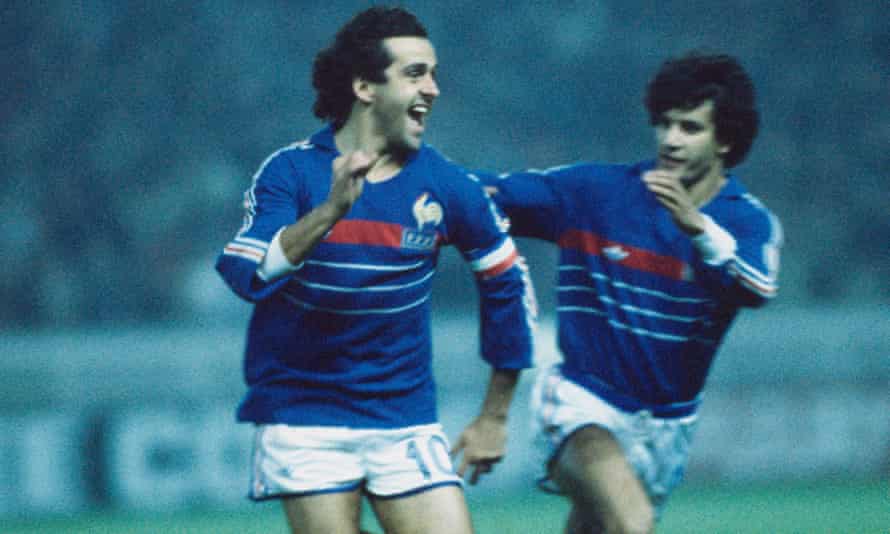 Michel Platini, who was supercool once, celebrates a winner against Denmark with William Ayache.