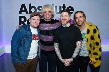 Adorable’ new Absolute Radio host Tim Burgess (in stripes) with (l-r) Patrick Stump, Andy Hurley and Pete Wentz of Fall Out Boy.
