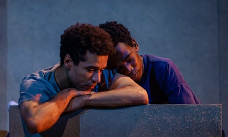 play music during powerpoint presentation Raphael Akuwudike and Rilwan Abiola Owokoniran in Beautiful Thing at Theatre Royal Stratford East.