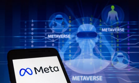 the meta logo on a smartphone with a metaverse computer graphic in the background