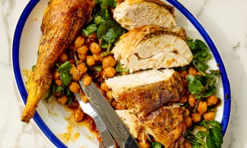 Anchovy-spiked roast chicken with Moorish chickpea and watercress salad