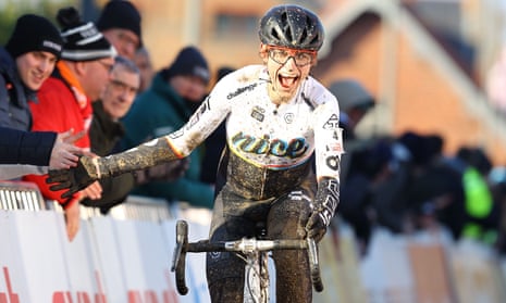 Austin Killips pictured crossing the line at a Belgian cyclocross event in January