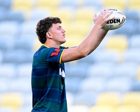Jack Bostock warms up as Australia’s Kangaroos prepare to face Cook Islands at Queensland Country Bank Stadium in Townsville during the men’s Rugby League World Cup