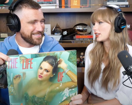 Swift with Travis Kelce on his New Heights podcast to announce her next album