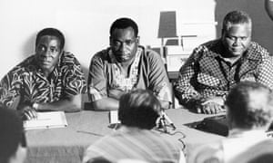 Then a leader of Rhodesian fighters, Robert Mugabe attends a meeting in Dar es Salaam in Tanzania, with George Silundika, deputy secretary of information in the African National Congress, and Joshua Nkomo, the leader of the Zapu party