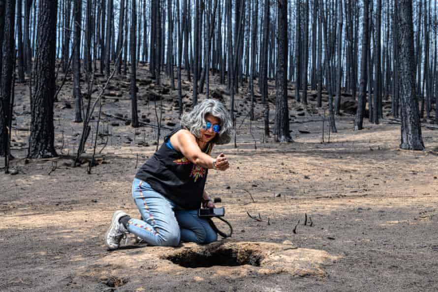 A woman kneels on the ground next to a hole in a scorched forest, raising an arm in the direction of the root tunnels leading away from it.