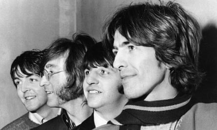 Headshots of (from left, furthest away) Paul McCartney, John Lennon, Ringo Starr and George Harrison