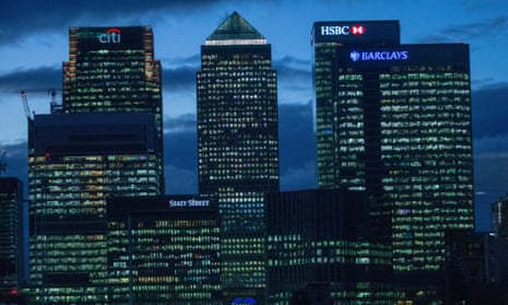 A view of the Barclays and HSBC headquarters in Canary Wharf, in east London.