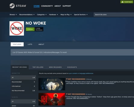 A ‘No Woke’ curation list on Steam, where reviewers target games with LGBTQ+ characters.