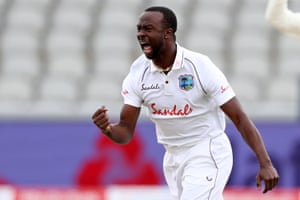Roach celebrates taking Sibley LBW.