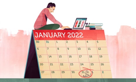 Illustration of a man sitting on a calendar working on his tax return