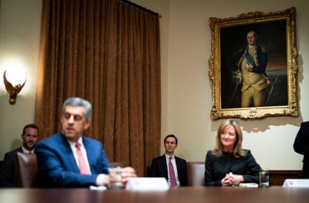 Senior Advisor to the President Jared Kushner (3rd L) looks on as President Donald Trump holds a meeting with healthcare executives in the Cabinet Room of the White House April 14, 2020 in Washington, D.C. Earlier in the day Trump met with people who had recovered from the coronavirus. During the April 13 Coronavirus Task Force briefing, Trump said the president had “total authority” to reopen the U.S. economy.