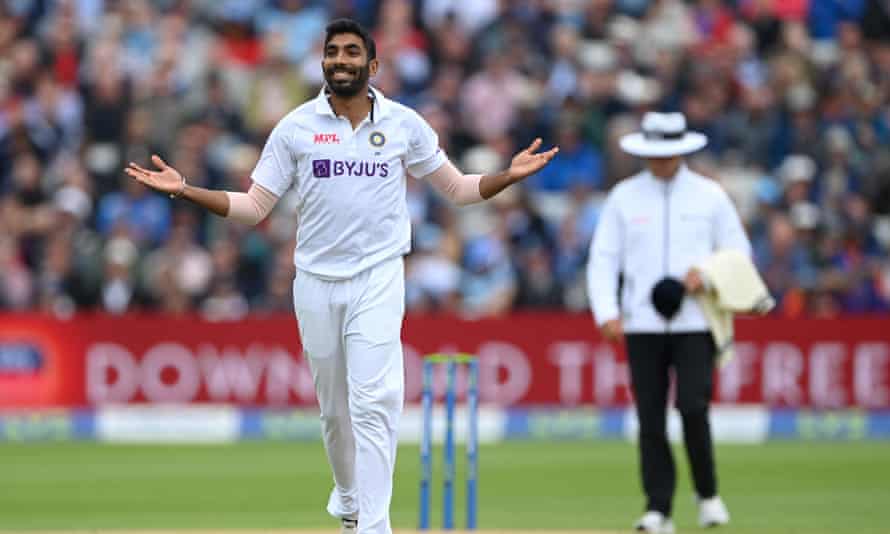 Jasprit Bumrah celebrates after taking the wicket of Zak Crawley.