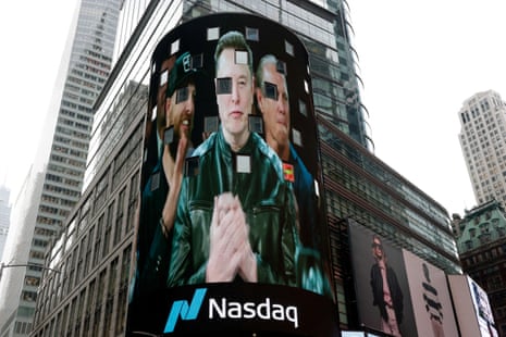 A live feed shows SpaceX CEO Elon Musk at the Nasdaq MarketSite, in New York City