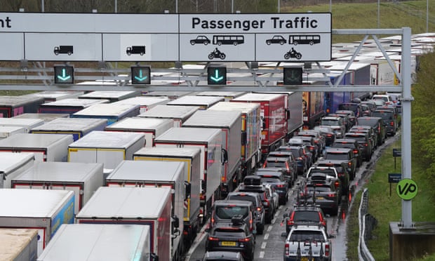 Freight and holiday traffic queue to enter the Eurotunnel site in Folkestone, Kent