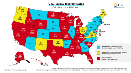 Payday loan rate caps by state.