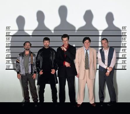 Kevin Pollak, Stephen Baldwin, Benicio Del Toro, Gabriel Byrne and Kevin Spacey in Bryan Singer’s 1995 film The Usual Suspects.