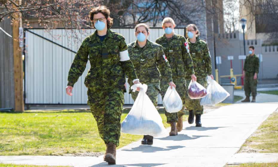 Members of the Canadian armed forces are seen outside the Eatonville Care Center in Toronto, Canada, last month.