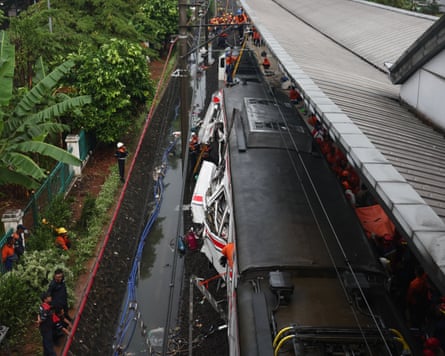 Shot from above of a train in the collision