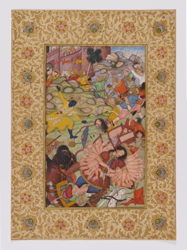 India, Agra or Pakistan, Lahore, Mughal style, Akbar period (1556–1605) ‘Krishna defeats the demon Bāna’ c1585–90, folio from a ‘Harivamsa’ (Legend of Hari), opaque watercolour and gold on paper; margins completed in Lucknow, late 1700s, 28.7 × 17.8 cm, Museum Rietberg, Zurich, gift of Catharina Dohrn.
