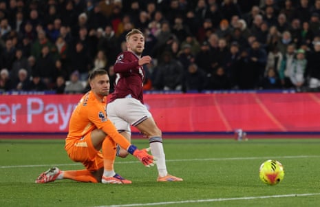 West Ham United's Jarrod Bowen scores their first goal.