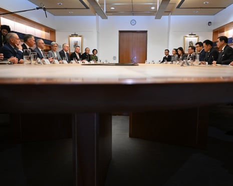 Anutin Charnvirakul addresses Anthony Albanese and senior cabinet ministers during a bilateral meeting at Parliament House