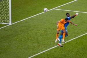 Édouard Mendy is beaten in the air by the Netherlands’ Cody Gakpo for a goal in the 84th minute