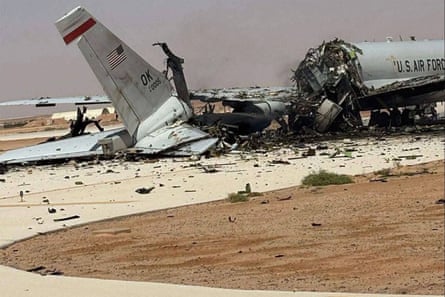 An image posted on social media showing a destroyed US aircraft in the aftermath of a projectile strike at Prince Sultan Airbase in Saudi Arabia.