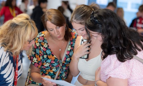 Students at Neath Port Talbot College, react as they receive their A Level and Vocational Qualification results at the main campus in Neath, south Wales.