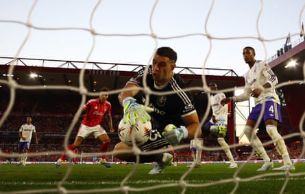 Emiliano Martínez makes a fine save to deny Nottingham Forest’s Igor Jesus in the first half.