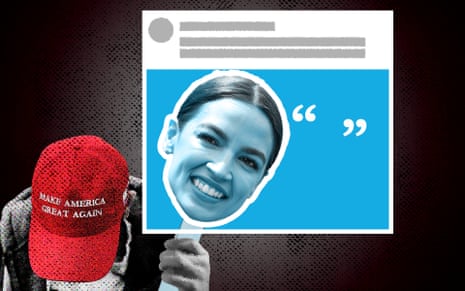 illustration of person in Trump hat holding up sign featuring AOC