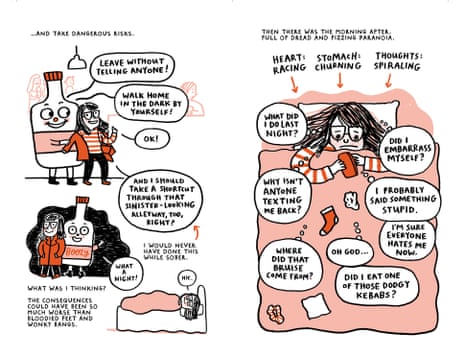 An illustration entitled ‘... and take dangerous risks’ - with another showing a woman in bed looking worried