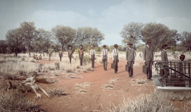 Individuation (acceptance) 2024–25, a photo showing men standing in line as if in an evolutionary lineup. The men are depicted as ‘beginning’ as hunter-gatherers and ‘ending’ as men in a suit, tie and bowler hat descending into a subway. A number of kangaroos lounge in the foreground.