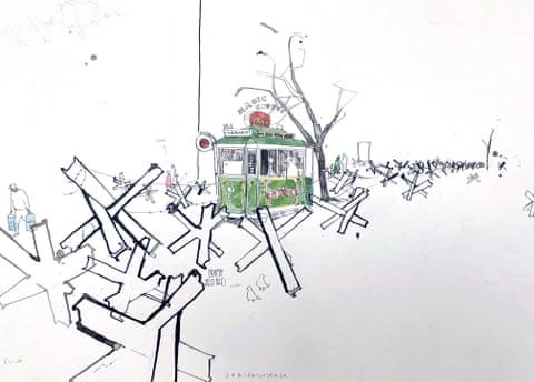 Drawing of a coffee stand in a converted tram in Odesa by George Butler