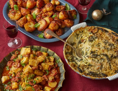 Chorizo parsnips, spicy roast potatoes and three-green gratin