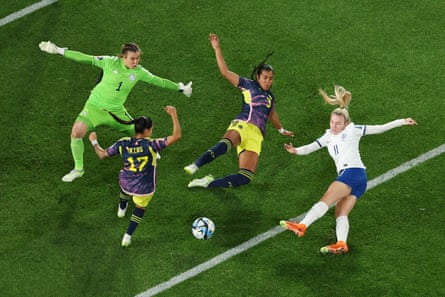 Lauren Hemp scores against Colombia.