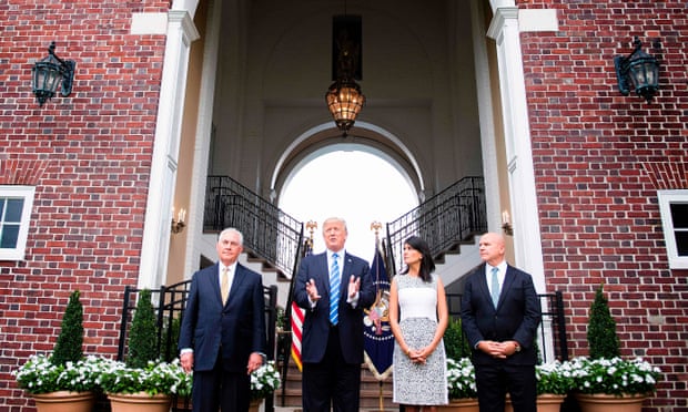 Donald Trump speaking to the press with Secretary of State Rex Tillerson, left, ambassador to the United Nations Nikki Haley and National Security Advisor HR McMaster on 11 August 2017, at Trump National Golf Club in Bedminster, New Jersey. 