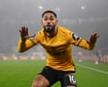 Matheus Cunha celebrates scoring for Wolves against  Manchester United on Boxing Day 2024
