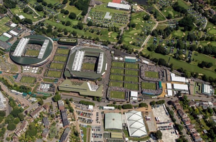 An aerial view of the familiar Wimbledon Championships site, with a golf club next door.