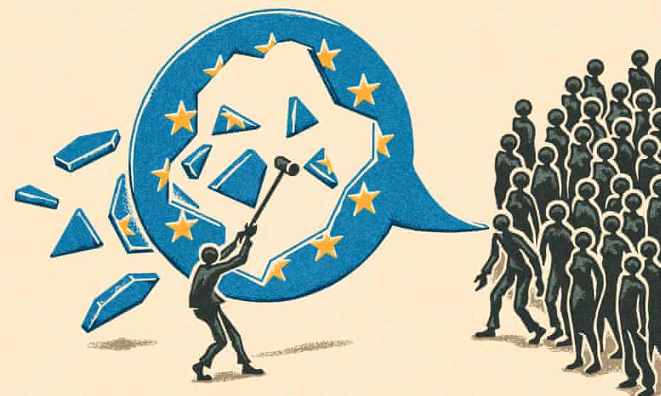 Illustration - of EU speech bubble representing thoughts of masses, being smashed – by Matt Kenyon