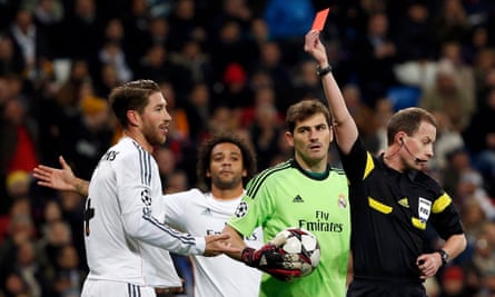 Ramos is sent off during Real Madrid’s Champions League tie with Galatasaray in November 2013.