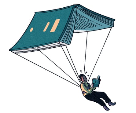 Illustration of a man hanging from a parachute shaped like a book, reading a book in his hands