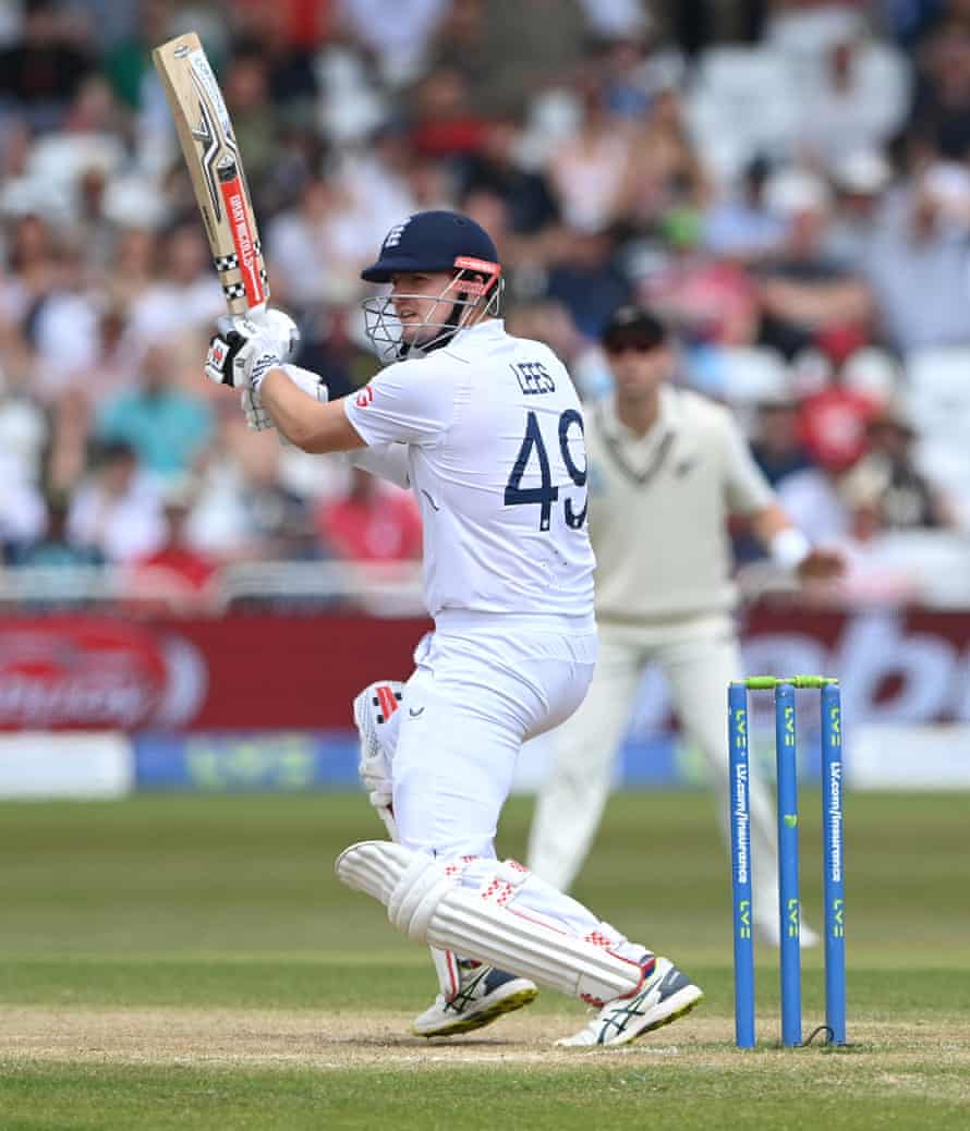 England batsman Aalex Lees cuts a ball to the boundary.