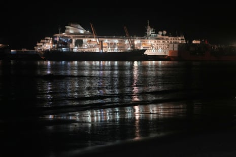 A US cruise ship, the MV Odyssey, docks at the Sihanoukville Autonomous Port in Sihanoukville, Cambodia, on Wednesday